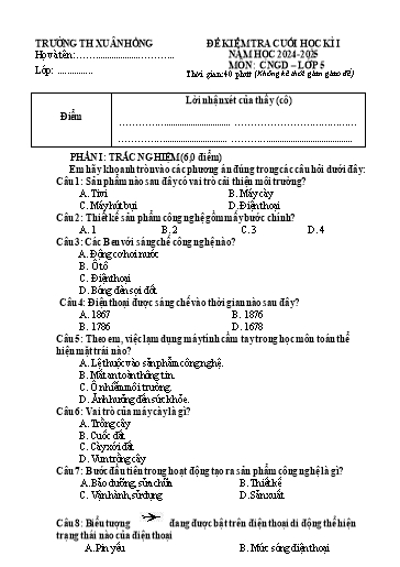 Đề kiểm tra cuối học kì I môn Công nghệ giáo dục 5 - Năm học 2024-2025 - Trường Tiểu học Xuân Hồng (Có đáp án + Ma trận)
