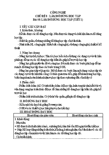 Giáo án Công nghệ 3 (Kết nối tri thức) - Tuần 22 - Bài 8: Làm đồ dùng học tập (Tiết 1)