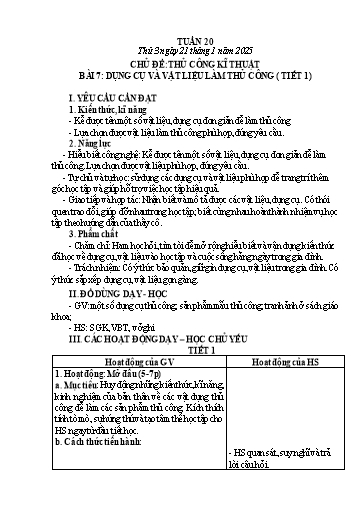 Giáo án Công nghệ 3 - Tuần 20 - Bài 7: Dụng cụ và vật liệu thủ công - Năm học 2024-2025