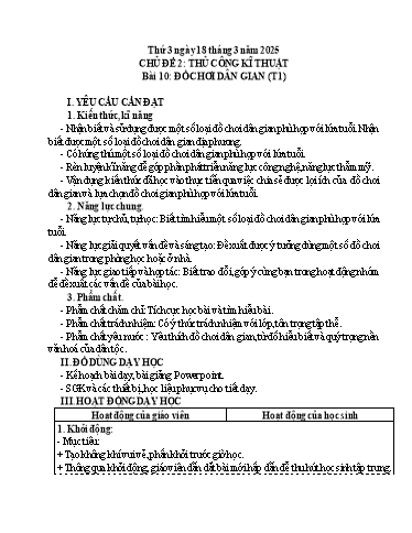 Giáo án Công nghệ 4 (Kết nối tri thức) - Tuần 27 - Chủ đề 2: Thủ công kĩ thuật - Bài 10: Đồ chơi dân gian (Tiết 1)- Năm học 2024-2025