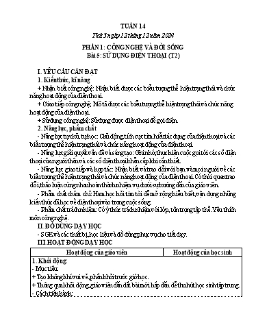Giáo án Công nghệ 5 (Kết nối tri thức) - Tuần 14 - Bài 5: Sử dụng điện thoại (Tiết 2) - Năm học 2024-2025