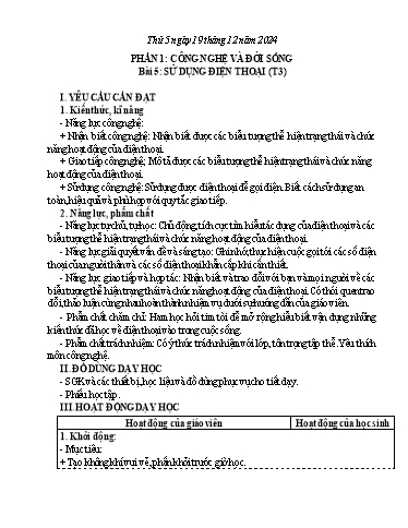Giáo án Công nghệ 5 (Kết nối tri thức) - Tuần 14 - Bài 5: Sử dụng điện thoại (Tiết 3) - Năm học 2024-2025