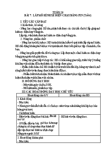 Giáo án Công nghệ 5 - Tuần 25 - Bài 7: Lắp mô hình xe điện chạy bằng pin (Tiết 4)