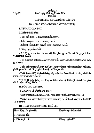 Giáo án Đạo đức + Tự nhiên và Xã hội 1+5 - Tuần 13 - Năm học 2024-2025