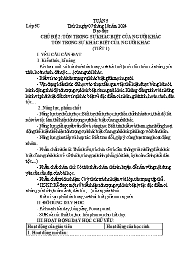 Giáo án Đạo đức + Tự nhiên và Xã hội 1+5 - Tuần 5 - Năm học 2024-2025