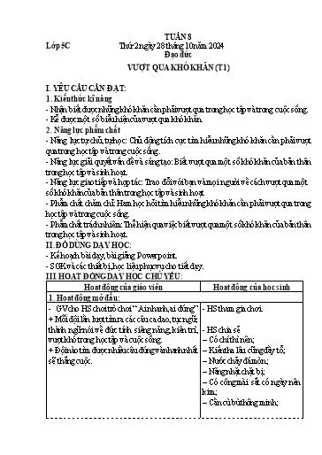 Giáo án Đạo đức + Tự nhiên và Xã hội 1+5 - Tuần 8 - Năm học 2024-2025