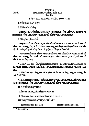 Giáo án Đạo đức + Tự nhiên và Xã hội Lớp 1+5 - Tuần 20 - Năm học 2024-2025