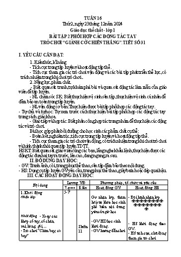 Giáo án Giáo dục thể chất Tiểu học - Tuần 16 - Năm học 2024-2025 - Trần Thị Trang