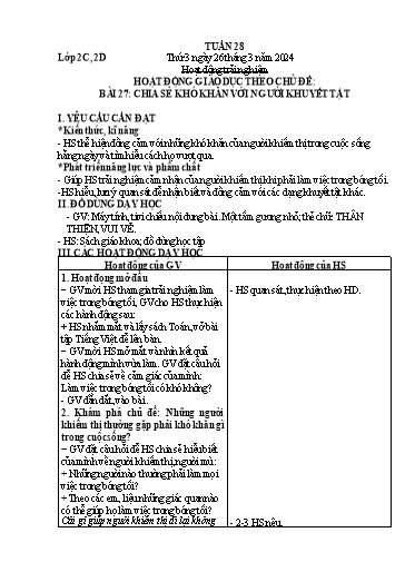 Giáo án Hoạt động trải nghiệm + Toán Lớp 2 - Tuần 28 - Năm học 2023-2024