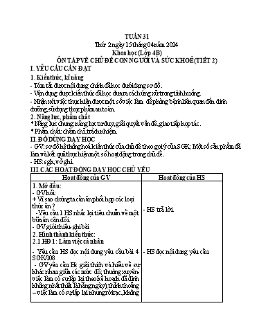 Giáo án Khoa học + Tiếng Việt + Hoạt động trải nghiệm 1+2+4 (Kết nối tri thức) - Tuần 31 - Năm học 2023-2024