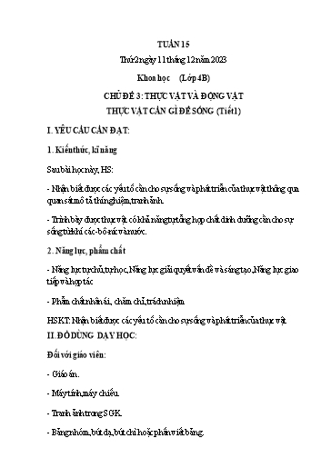 Giáo án Khoa học + Tự nhiên và Xã hội + Địa lí Lớp 1+4+5 - Tuần 15 - Năm học 2023-2024