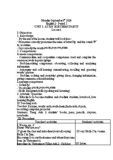 Giáo án Tiếng Anh 2 - Tuần 1 - Năm học 2024-2025