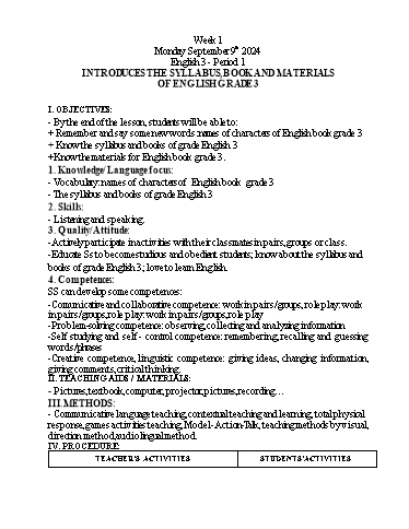Giáo án Tiếng Anh 3 - Tuần 1 - Năm học 2024-2025 - Tôn Thị Hằng