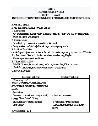 Giáo án Tiếng Anh 4 - Tuần 1 - Năm học 2024-2025 - Tôn Thị Hằng