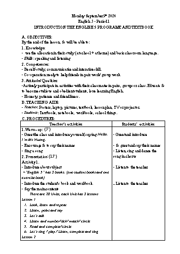 Giáo án Tiếng Anh 5 - Tuần 1 - Năm học 2024-2025 - Tôn Thị Hằng