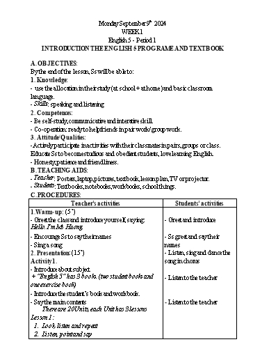 Giáo án Tiếng Anh 5 - Tuần 1 - Năm học 2024-2025