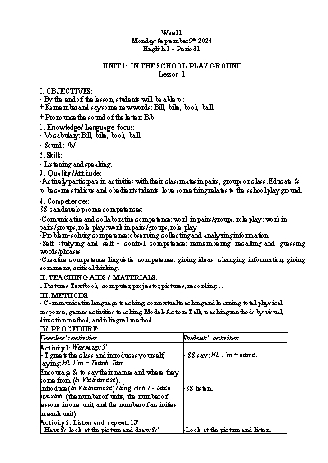 Giáo án Tiếng Anh Lớp1+2 - Tuần 1 - Năm học 2024-2025 - Tôn Thị Hằng