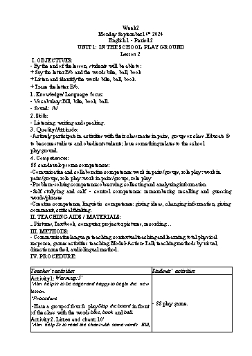 Giáo án Tiếng Anh Tiểu học - Tuần 1 - Năm học 2024-2025 - Tôn Thị Hằng