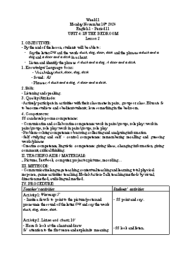 Giáo án Tiếng Anh Tiểu học - Tuần 11 - Tôn Thị Hằng