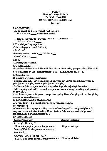 Giáo án Tiếng Anh Tiểu học - Tuần 18 - Tôn Thị Hằng