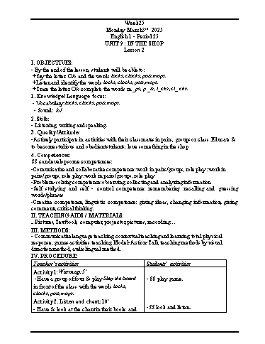 Giáo án Tiếng Anh Tiểu học - Tuần 25 - Năm học 2024-2025 - Tôn Thị Hằng