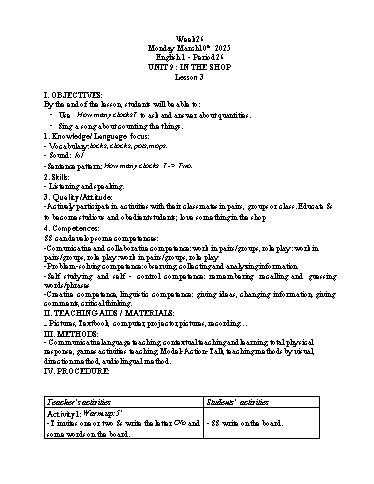 Giáo án Tiếng Anh Tiểu học - Tuần 26 - Năm học 2024-2025 - Tôn Thị Hằng