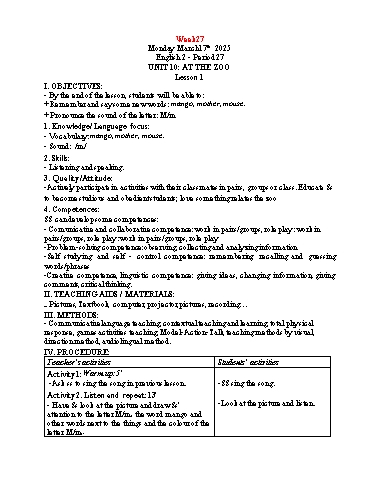 Giáo án Tiếng Anh Tiểu học - Tuần 27 - Năm học 2024-2025 - Tôn Thị Hằng