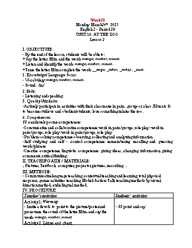 Giáo án Tiếng Anh Tiểu học - Tuần 28 - Năm học 2024-2025 - Tôn Thị Hằng