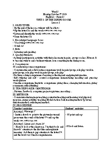 Giáo án Tiếng Anh Tiểu học - Tuần 5 - Tôn Thị Hằng