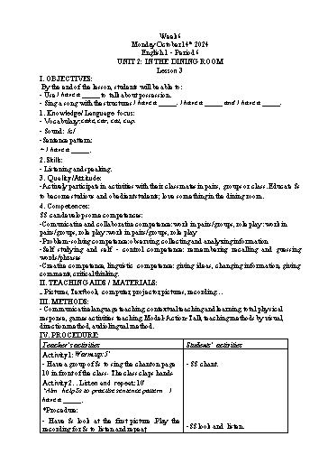 Giáo án Tiếng Anh Tiểu học - Tuần 6 - Tôn Thị Hằng