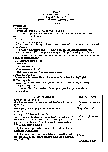 Giáo án Tiếng Anh Tiểu học - Tuần 7 - Năm học 2024-2025