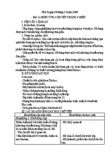 Giáo án Tin học 4 - Tuần 14 - Bài 14: Hiệu ứng chuyển trang chiếu - Năm học 2024-2025