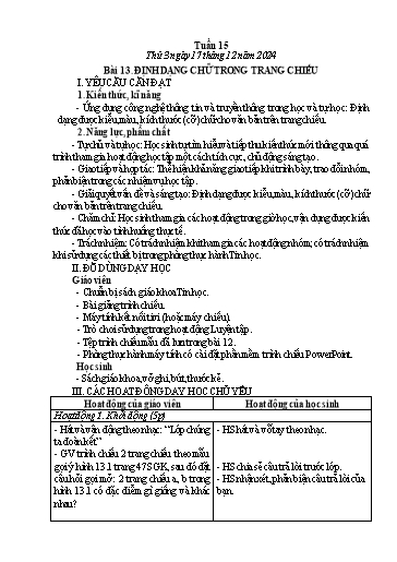 Giáo án Tin học 4 - Tuần 15 - Bài 13: Định dạng chữ trong trang chiếu - Năm học 2024-2025