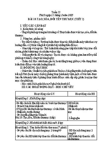 Giáo án Tin học 4 - Tuần 22 - Bài 18: Tạo, xóa đổi tên cây thư mục (Tiết 2) - Năm học 2024-2025