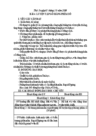 Giáo án Tin học 4 - Tuần 4 - Bài 4: Luyện tập gõ hàng phím số - Năm học 2024-2025