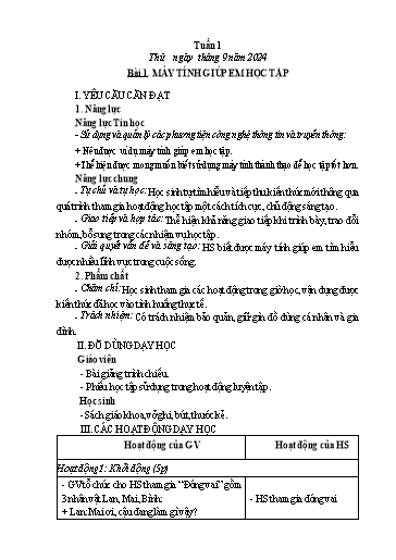 Giáo án Tin học 5 - Tuần 1 - Bài 1: Máy tính giúp em học tập - Năm học 2024-2025