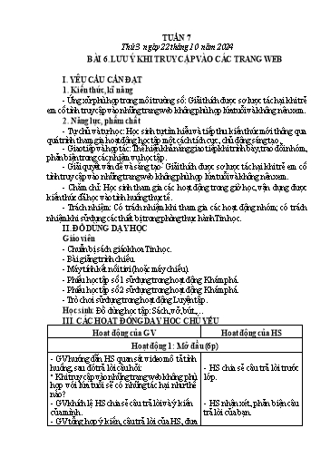 Giáo án Tin học 5 - Tuần 7 - Bài 6: Lưu ý khi truy cập vào các trang Website - Năm học 2024-2025