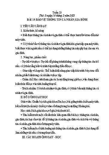 Giáo án Tin học Lớp 3 - Tuần 23 - Bài 19: Bảo vệ thông tin cá nhân, gia đình - Năm học 2024-2025