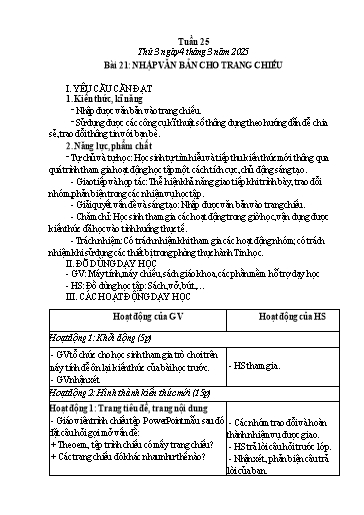Giáo án Tin học Lớp 3 - Tuần 25 - Bài 21: Nhập văn bản cho trang chiếu - Năm học 2024-2025