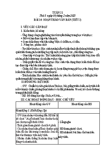 Giáo án Tin học Lớp 5 - Tuần 21 - Bài 16: Soạn thảo văn bản (Tiết 2) - Năm học 2024-2025