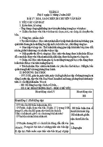 Giáo án Tin học Lớp 5 - Tuần 22 - Bài 17: Xóa, sao chép, di chuyển văn bản - Năm học 2024-2025