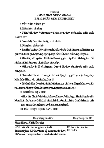 Giáo án Tin học Lớp 5 - Tuần 24 - Bài 20: Phần mềm trình chiếu - Năm học 2024-2025