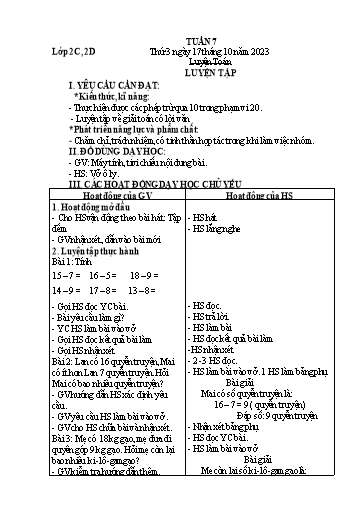 Giáo án Toán + Đạo đức Lớp 2+3 (Kết nối tri thức) - Tuần 7 - Năm học 2023-2024