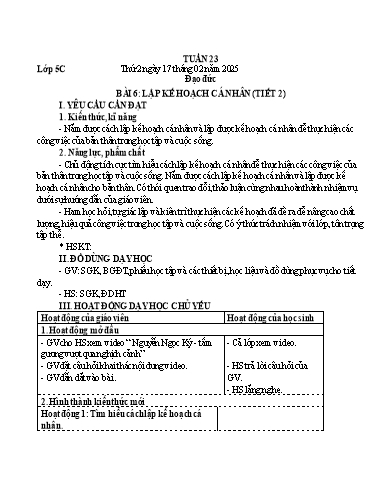 Giáo án Tự nhiên và Xã hội + Đạo đức Lớp 1+5 (Kết nối tri thức) - Tuần 23 - Năm học 2024-2025