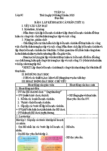 Giáo án Tự nhiên và Xã hội + Đạo đức Lớp 1+5 (Tự nhiên và Xã hội) - Tuần 24 - Năm học 2024-2025