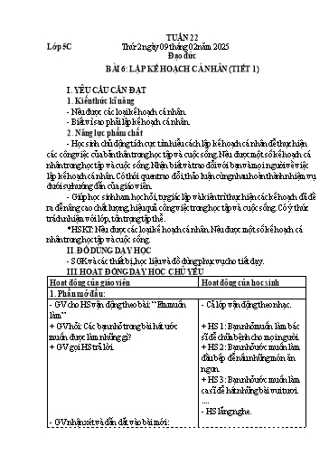 Giáo án Tự nhiên và Xã hội + Đạo đức Lớp 1+5 - Tuần 22 - Năm học 2024-2025