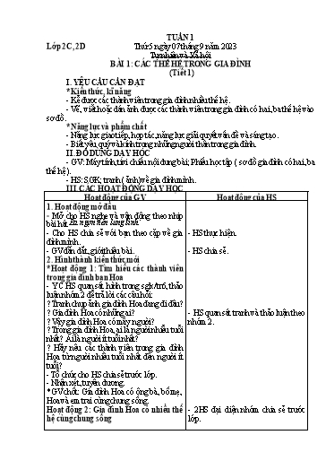 Giáo án Tự nhiên và Xã hội Lớp 2 - Tuần 1 - Năm học 2023-2024